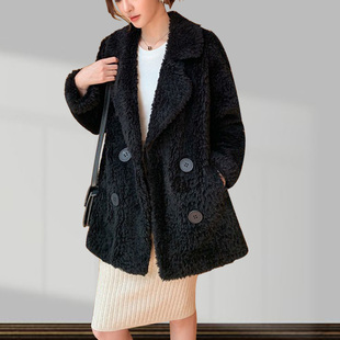黑色气质羊绒大衣女颗粒绒复古显瘦羊剪绒加厚羊羔毛外套女中长款