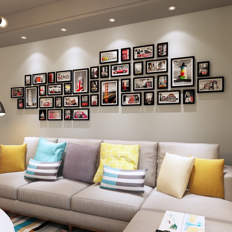 客厅实木照片墙创意欧式沙发相片墙大尺寸相框墙组合艺术文化墙