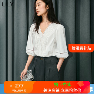 LILY2024夏新款女装法式重工花边V领全棉白色泡泡袖雪纺衫衬衫女