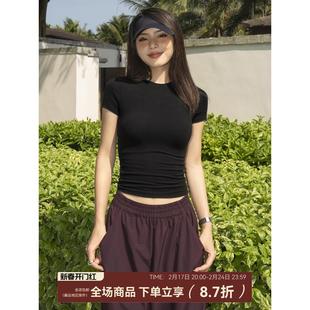 LEIYU针织短袖T恤女夏2024新款欧美ins紧身高腰短款小圆领上衣