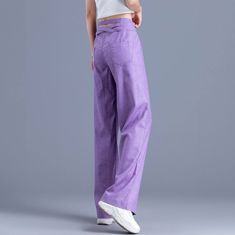 紫色棉麻裤子女夏季薄款亚麻女裤2021年新款冰丝阔腿裤高腰直筒裤