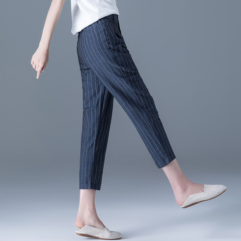 八分条纹棉麻裤子女夏季薄款亚麻女裤萝卜裤休闲九分哈伦裤麻料裤