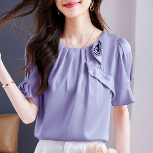 紫色雪纺衬衫女装泡泡短袖2024夏季新款法式气质衬衣面试简约上衣