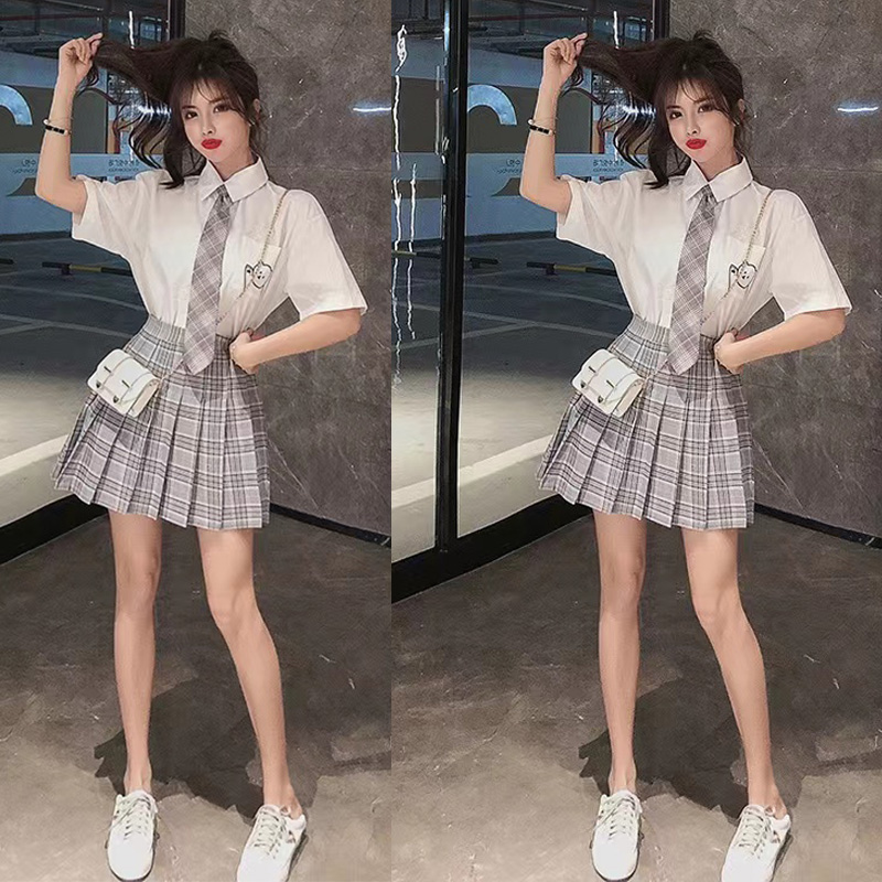 网红学院风小个子减龄穿搭白色衬衫格子百褶短裙jk制服两件套装女