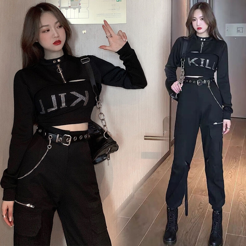 酷飒风女装黑暗系蹦迪上衣服搭配工装裤套装潮酷女孩穿搭帅气秋季