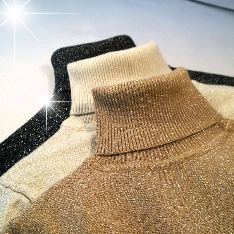 带金丝毛衣女亮丝高领打底衫秋冬闪光丝带大码金线亮闪闪针织衫.