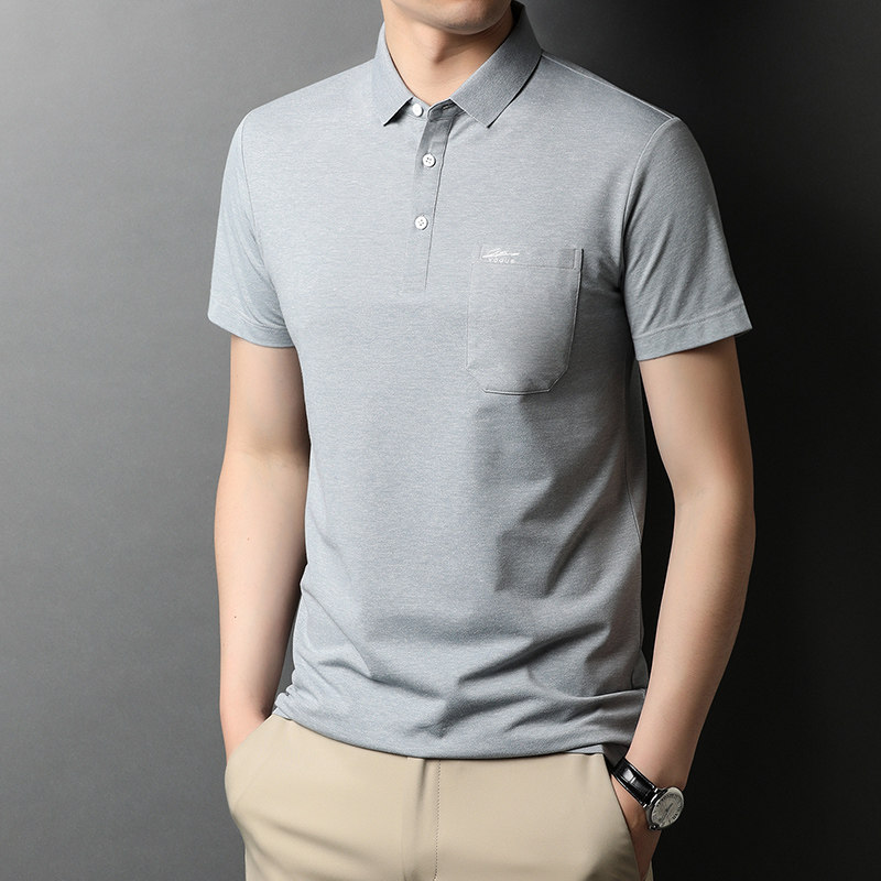 夏季短袖t恤男中年丝光棉夏装上衣口袋纯色休闲男士polo衫打底衫