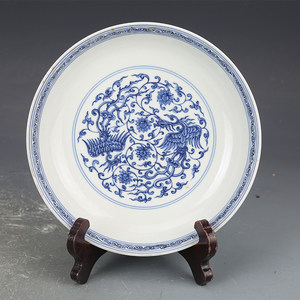 明成化瓷器青花缠枝莲双凤纹盘古董古玩明清老瓷器旧货收藏