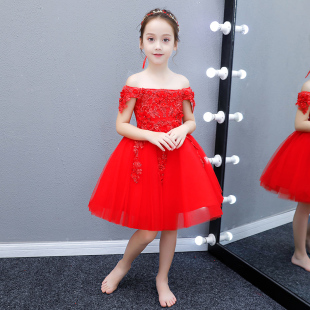 新品红色儿童晚礼服高端女童蓬蓬纱公主裙小女孩主持人花童钢琴演