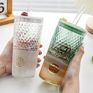 玻璃吸管杯耐高温水杯新款2023大容量带盖茶杯家用女生高颜值杯子