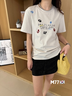 韩国2024夏季杏色涂鸦印花t恤女圆领短袖新款小个子纯棉宽松上衣