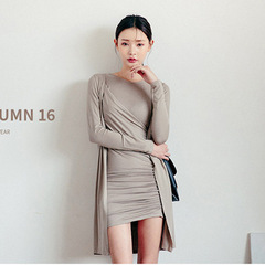 2016新品秋天短裙包臀显瘦长袖开衫褶皱修身紧身连衣裙气质两件套