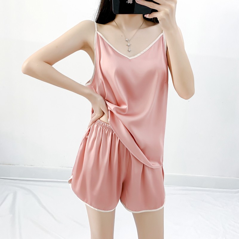 新款性感冰丝缎面睡衣女夏薄仿真丝绸学生吊带背心短裤家居服套装