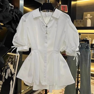 白色短袖衬衫女夏季2024新款宽松胖mm大码收腰显瘦设计感半袖上衣