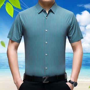 夏季男士短袖衬衫宽松型青中年装衬衣休闲桑蚕丝条纹半袖男装上衣