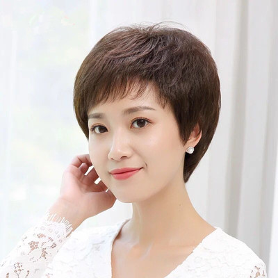 时尚中年假发女短发女士妈妈短直发真发头套蓬松玉米烫波波头包邮