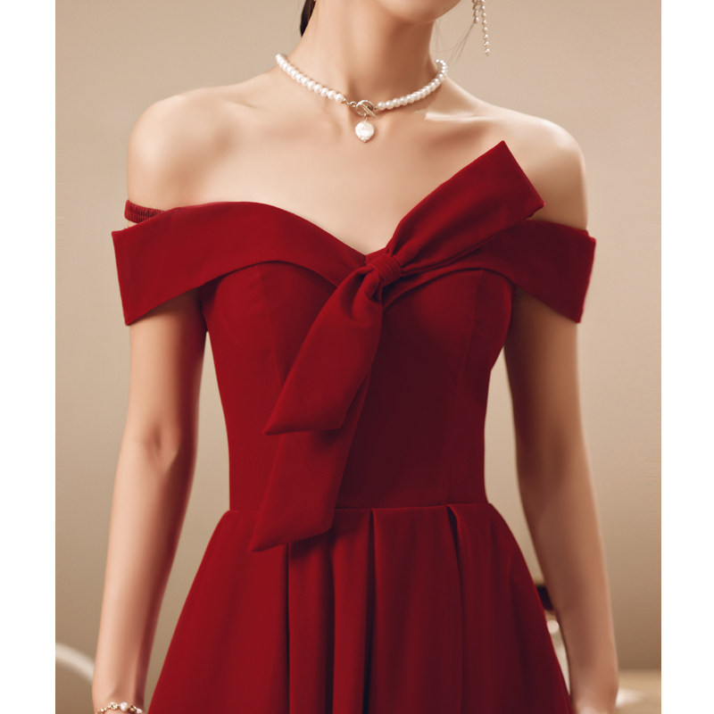 一字肩敬酒服新娘酒红色回门礼服女平时可穿小个子答谢宴夏季显瘦