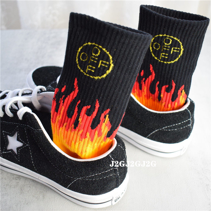 火焰袜子高帮男女纯棉原宿潮流运动中筒ins百搭韩版街头全棉长袜