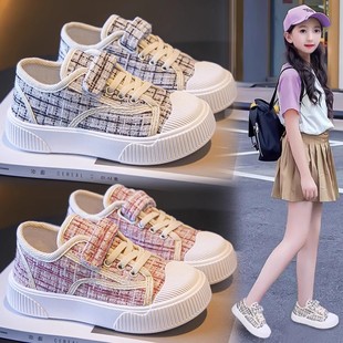 女童格子帆布鞋2024春季新款韩版儿童时尚潮流魔术贴运动休闲鞋