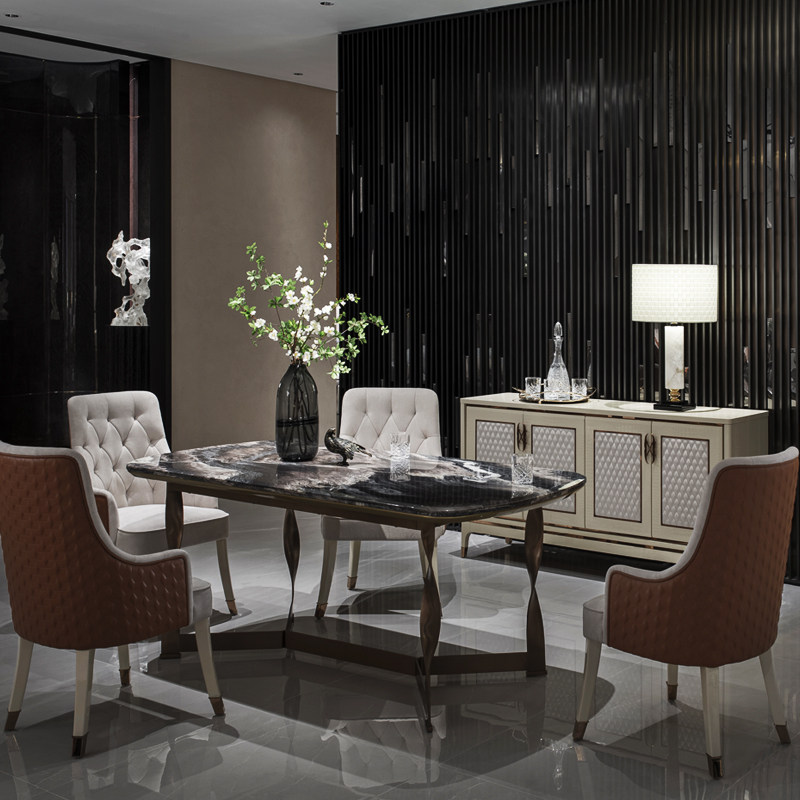 拉菲德堡大理石长餐台餐椅餐桌餐边柜真皮实木现代轻奢餐厅