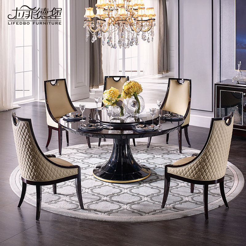拉菲德堡新古典轻奢餐台简约黑檀餐桌餐椅组合时尚实木金箔餐台