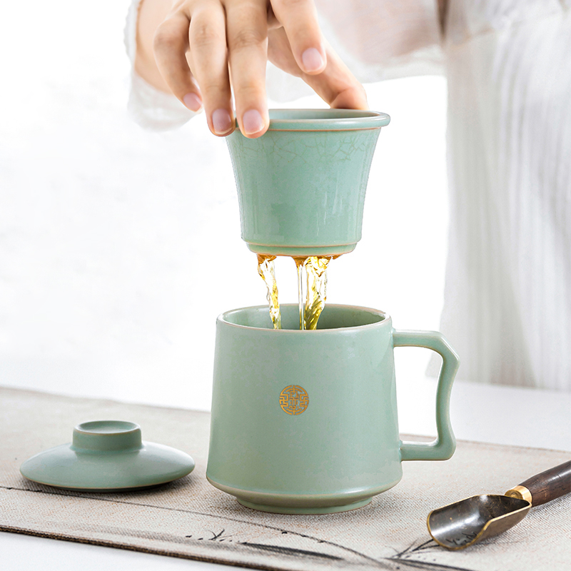 汝窑办公茶杯陶瓷茶叶茶水分离杯景德镇泡茶过滤带盖家用杯子定制