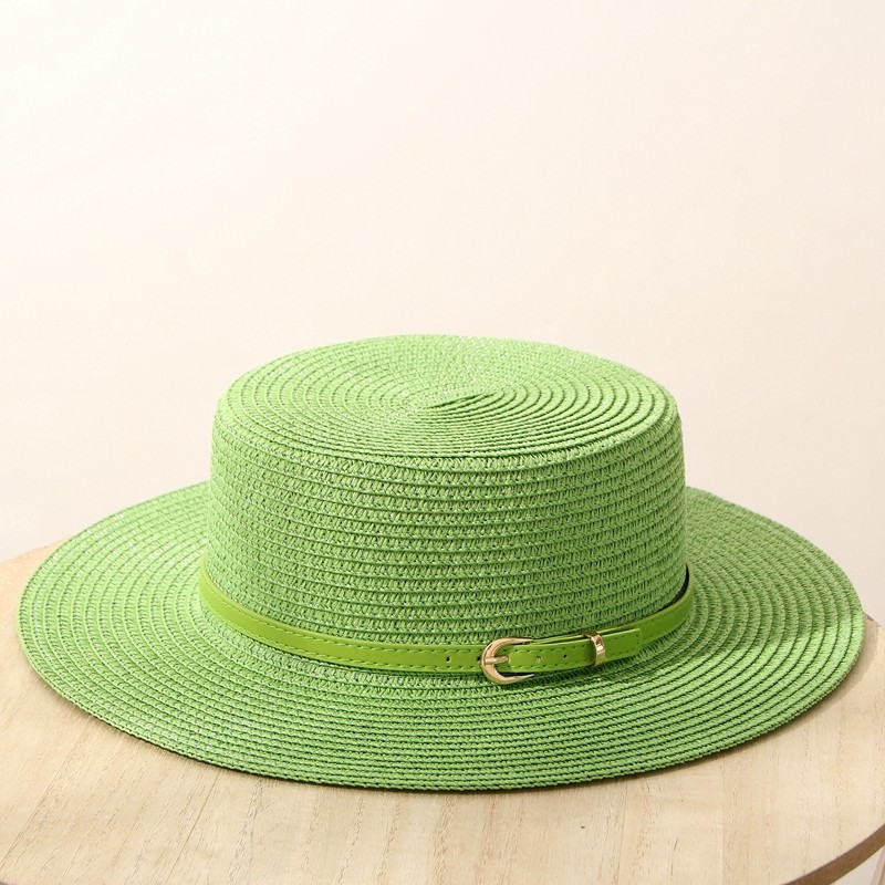 草绿色平顶礼帽草帽女士夏沙滩帽遮阳防晒度假海边帽子平檐爵士帽