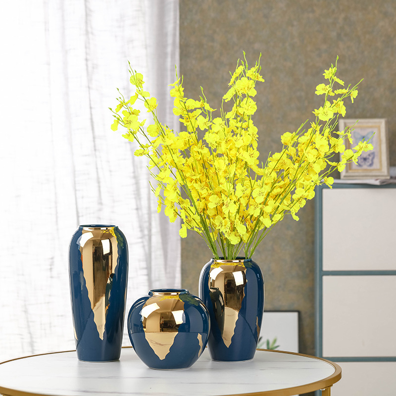电镀花瓶陶瓷轻奢摆件花器软装家居装饰金色三件套现代简约花插