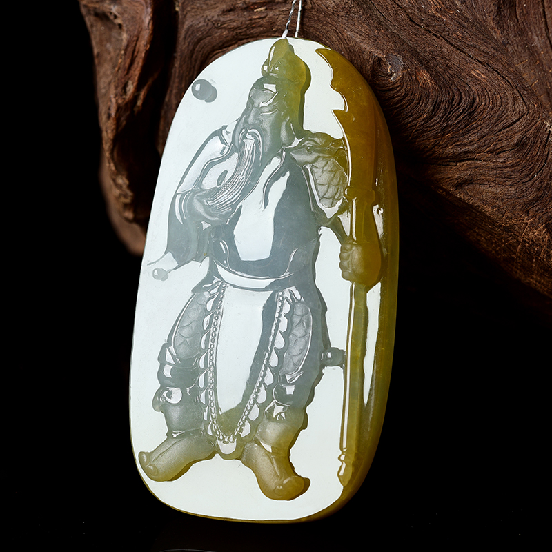 z9820千古忠义 天然a货精雕黄翡翡翠关公吊坠59.1g