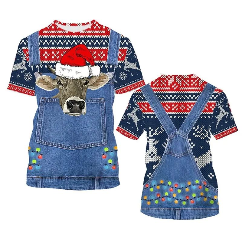 Funny Animals Santa Hat Graphic T Shirts Fashion Y2k Merry C