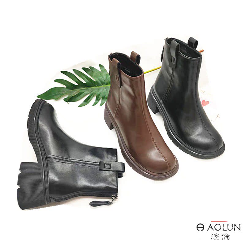 澳伦皮鞋2022年冬季新款皮面女鞋牛皮休闲高帮短靴子二棉马丁靴