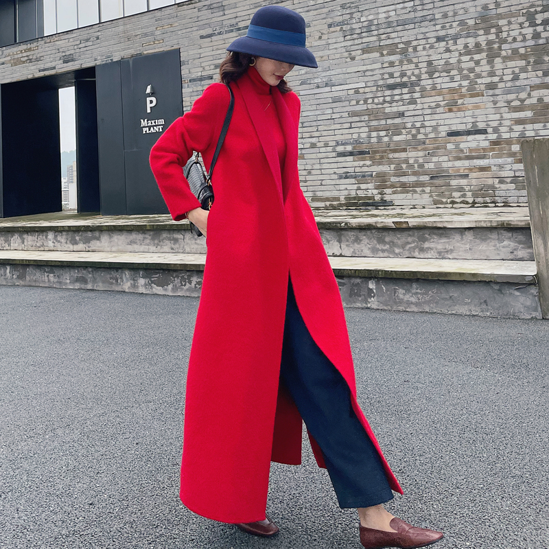 [柒粟]2021年新款高端羊绒大衣大红色开衫腰带双侧口袋长款外套女