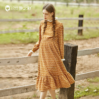 孕之彩孕妇连衣裙2021春秋装长袖裙子收腰撞色花边领时尚孕妇长裙