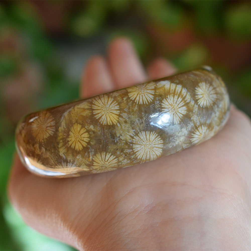 【收藏精品】天然珊瑚玉手镯 彩色玉化大花珊瑚玉菊花石手镯55mm