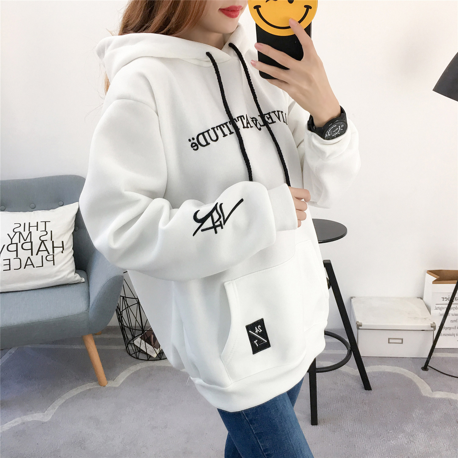 秋冬季韩版长袖卫衣女连帽加绒宽松大码套头上衣刺绣百搭女装潮流