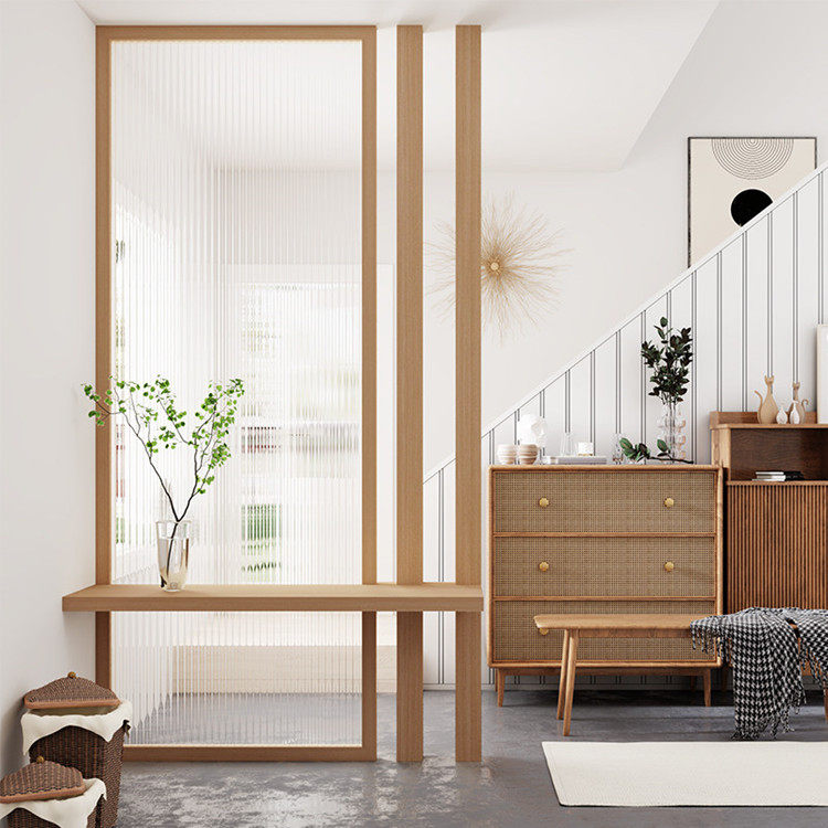 长虹玻璃隔断屏风日式原木风客厅推拉移门进门遮挡玻璃屏风墙定制
