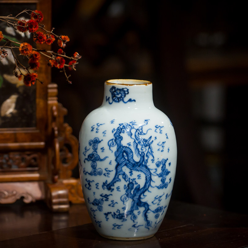 清代青花龙凤纹直口瓶文玩古董瓷器收藏真品青花瓷艺术品中式摆件