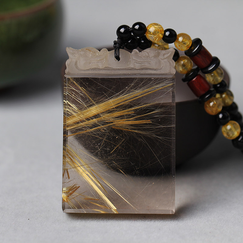 天然钛晶发晶无事牌吊坠