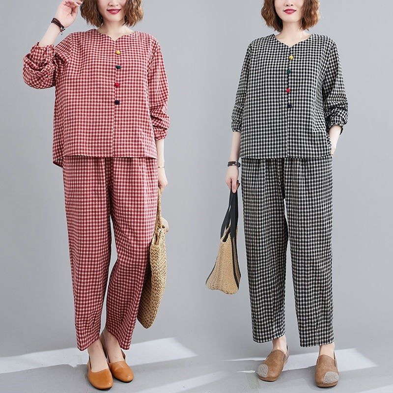 思曼莉莱苑柒月雅柯莉特熙俪昵女装2020秋装宽松大码休闲两件套格