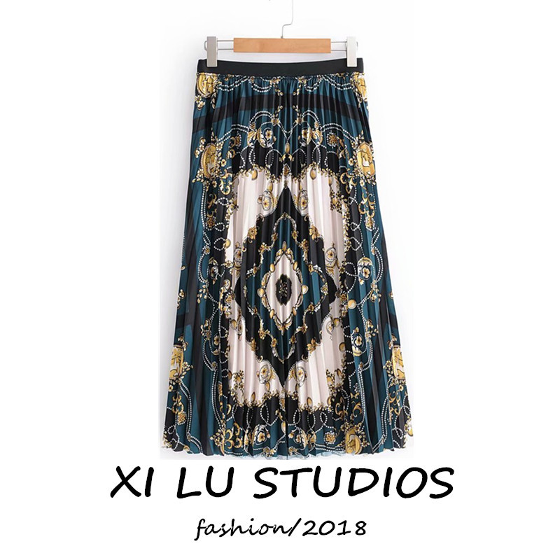 za2018ra女装松紧腰半身裙过膝打底长裙链条印花百褶裙4387280529在类目 女装/女士精品, 半身裙中 - 来自Buy2taobao.com提供专业的淘宝代购服务