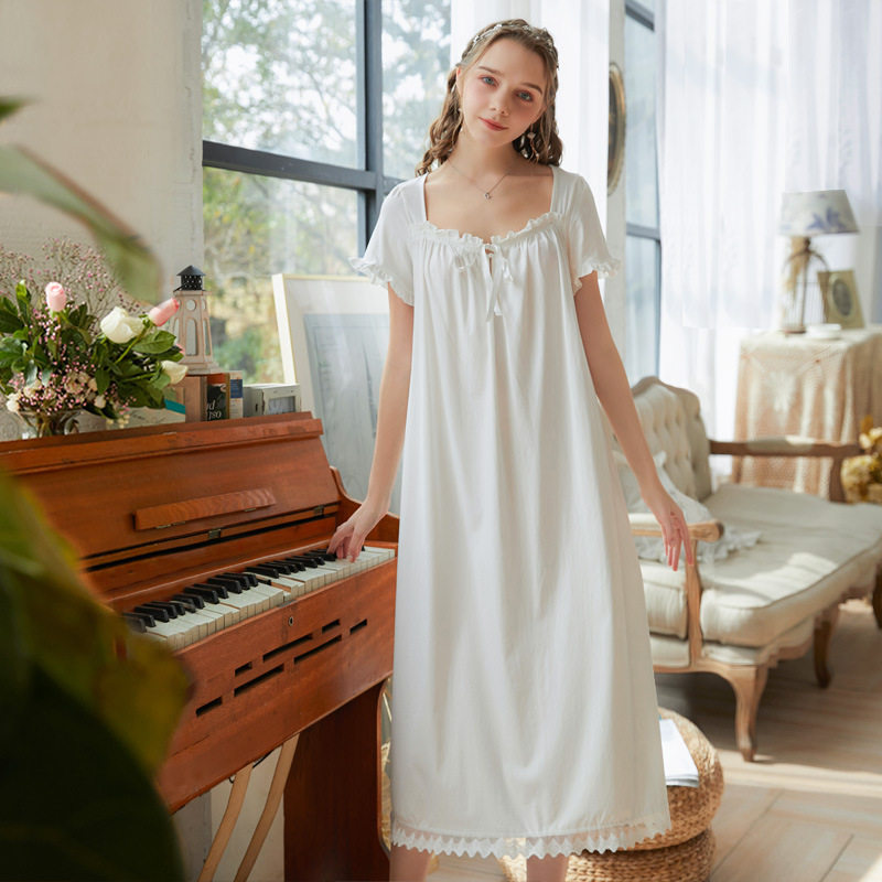 纯棉睡裙女夏季白色宽松长裙睡衣女复