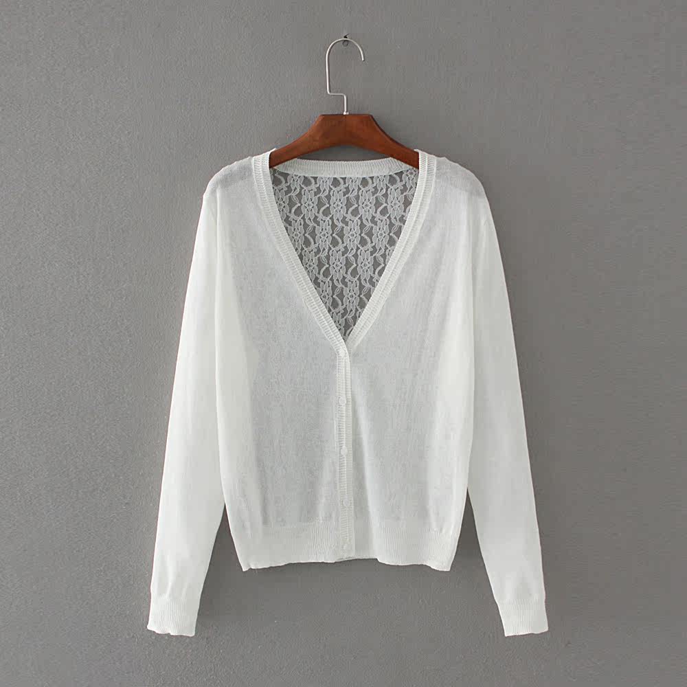 春夏新款女纯亚麻针织开衫小外套蕾丝拼接长袖罩衫修身空调衫防晒