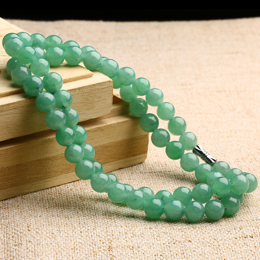 精品天然翡翠水润a货淡苹果绿满色珠链项链毛衣链 61.66g