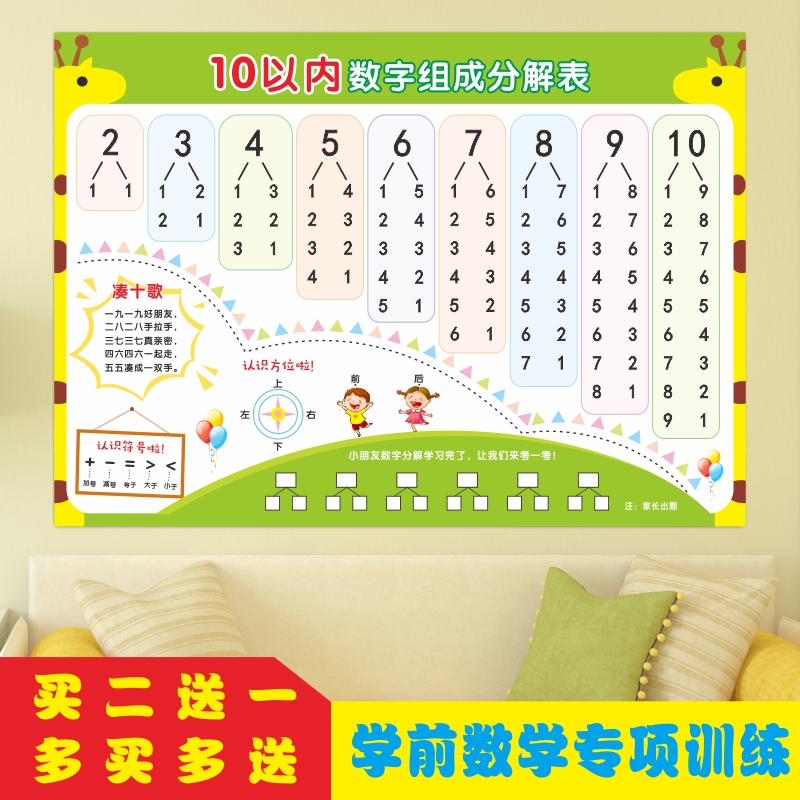 幼儿园十10以内数字分解挂图数的分成与组成表墙贴儿童识字教具