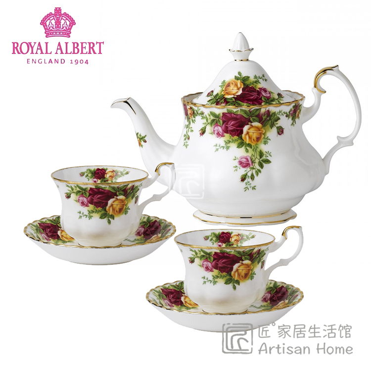 英国Royal Albert皇家老镇玫瑰骨瓷茶具套装1壶2/4杯乡村玫瑰