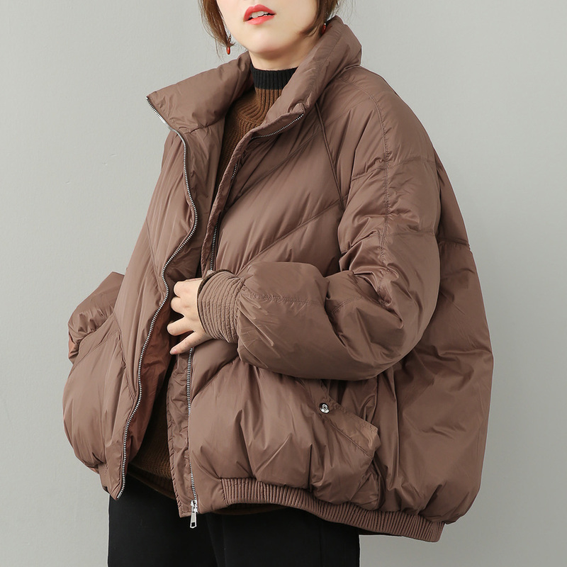 绿素棉冬装宽松大码短款羽绒服女蝙蝠袖高领纯色加厚保暖外套