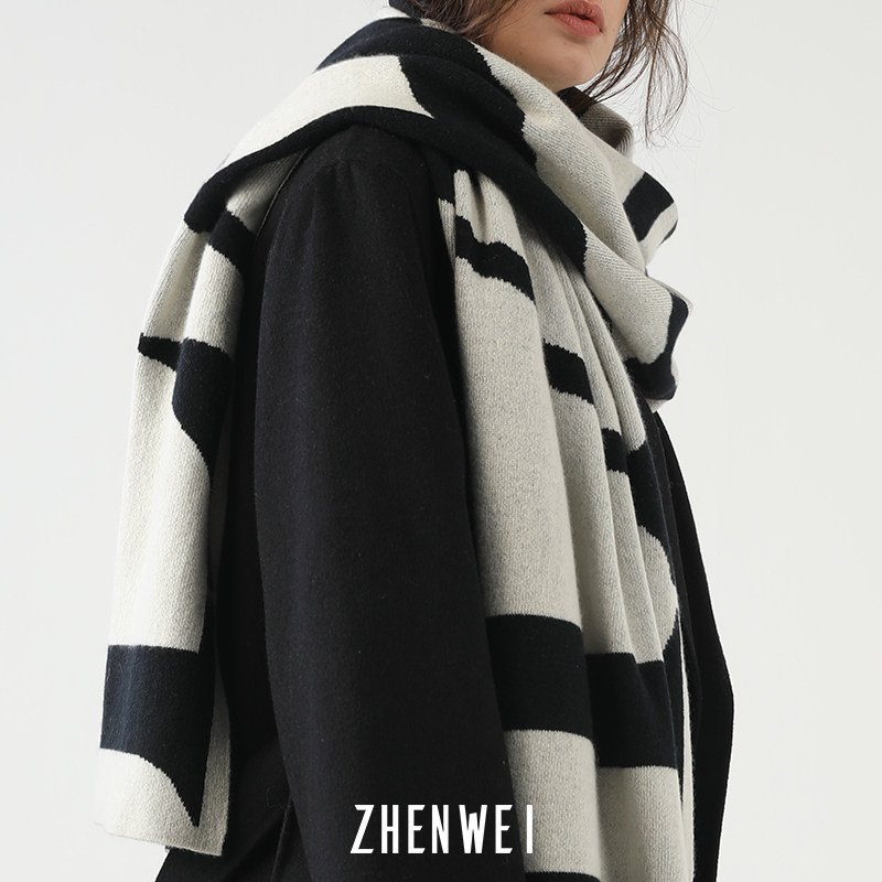 围巾黑白冬季女双双面羊绒针织围脖情侣字母围巾