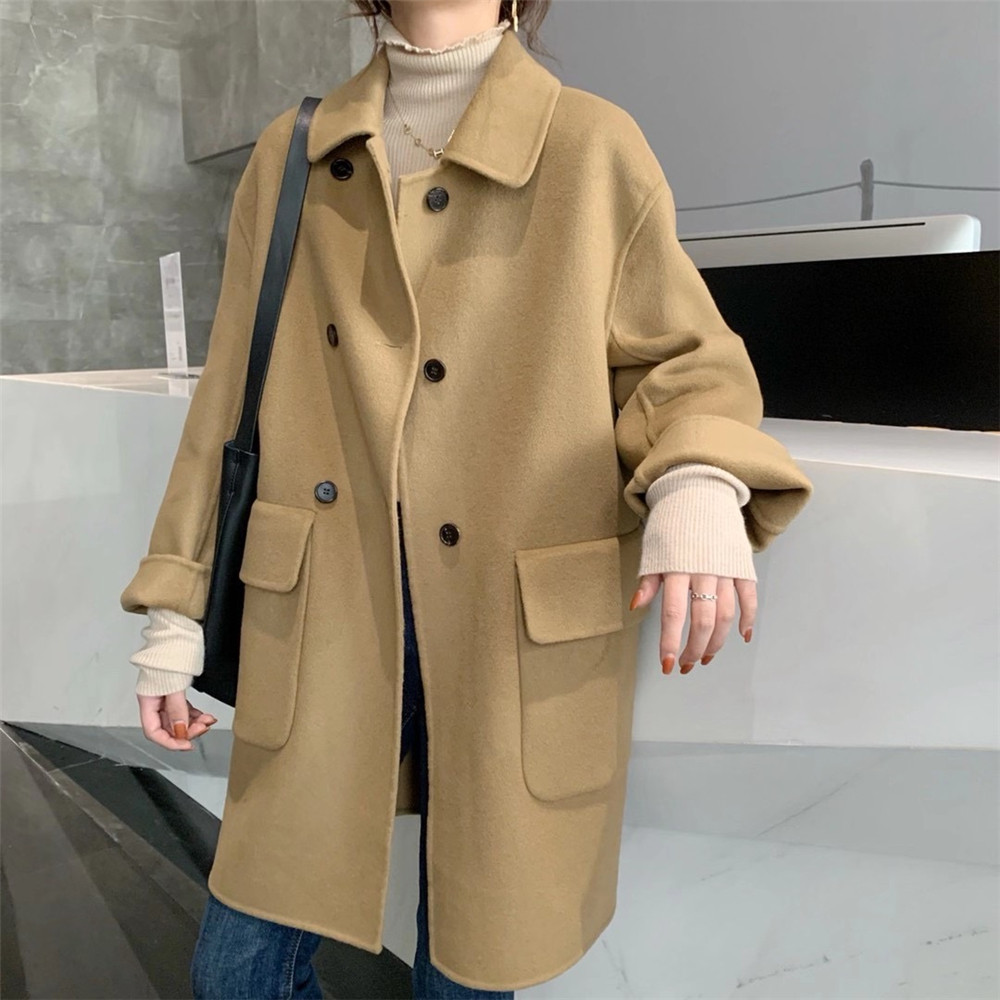 2021年冬季新款双面羊绒呢子大衣女宽松韩版小个子h型羊毛呢外套