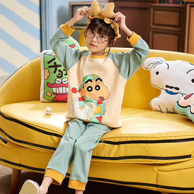 蜡笔小新睡衣女春秋季纯棉长袖中学生可爱卡通家居服大码两件套装