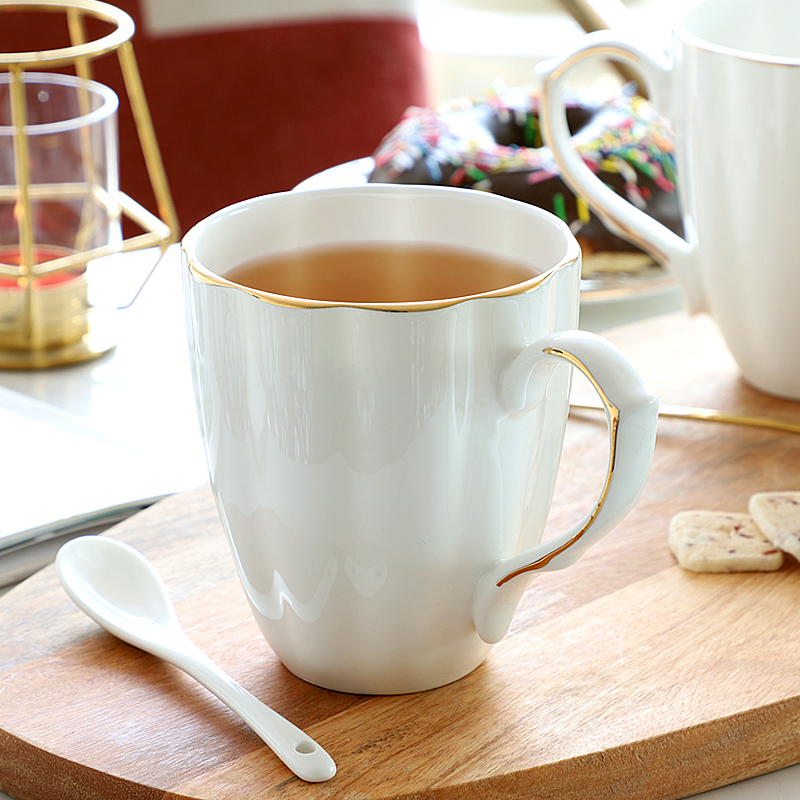 金边骨瓷马克杯早餐杯陶瓷带勺喝水杯子办公室家用奶杯男女咖啡杯